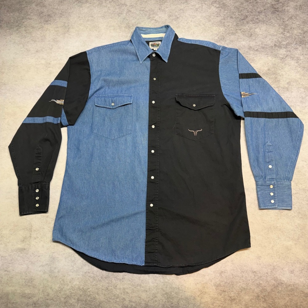 VTG Cumberland Outfitters Western Mens Large Denim Long Sleeve Pearl Snap Shirt